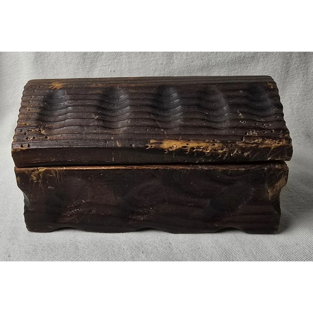 Hand‎ Carved Wood Trinket Box W/Hinged Lid 6.5